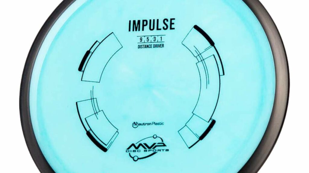 An aqua colored MVP Impulse disc golf disc