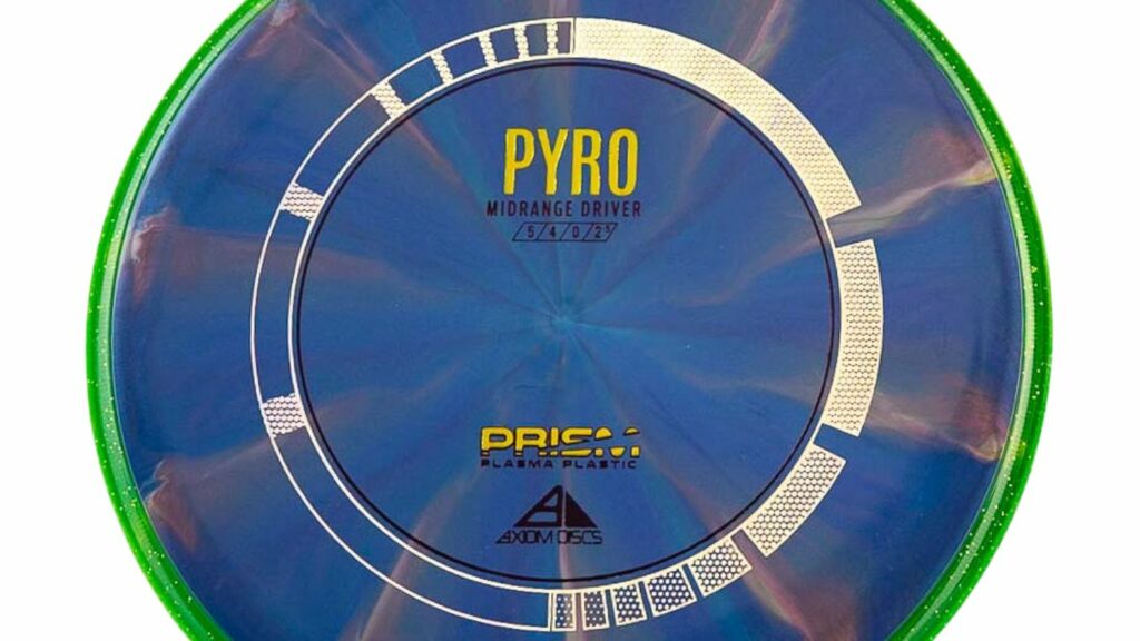 A blue white and peach marbled color with glittery green Axiom Prim Pyro disc Midrange Driver 