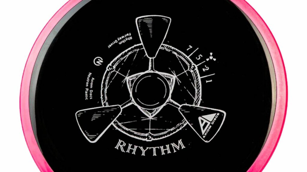 A black Axiom Rhythm disc with pink rim and white stamp