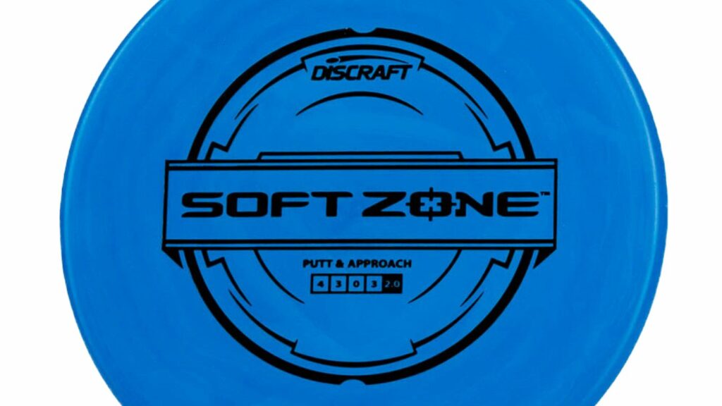A blue Discraft Soft Zone putter with black stamp
