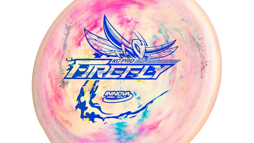 An Innova Galactic KC Pro Firefly  Galactic (pink, blue, yellow) color disc w/Blue Stamp. The image on the disc has a firefly on top of the text KC PRO Firefly