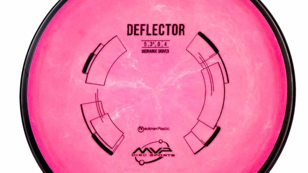 A pink and white marbled MVP Neutron Deflector disc with black stamp