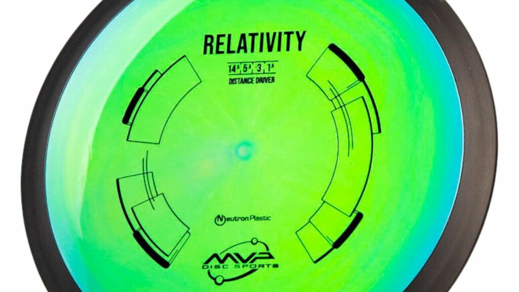 A green MVP Neutron Relativity Distance Driver Disc with black rim and black stamp
