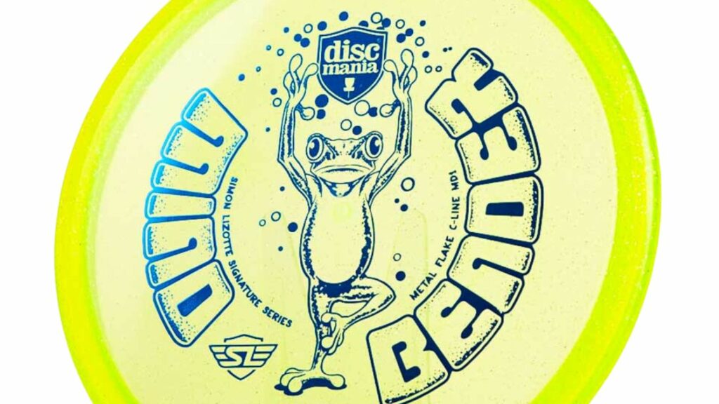 A neon green Discmania Metal Flake C-Line MD1 disc with blue stamp 