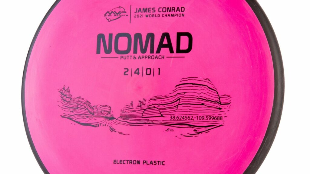 A hot pink MVP Electron Nomad James Conrad Edition with black rims and stamp