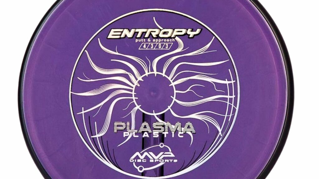 A Purple MVP Entropy Plasma Putter with white stamp and black rims 