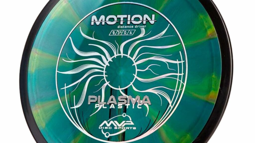 A Green/Light Green marbled disc MVP Plasma Motion Distance Driver with Black rims 