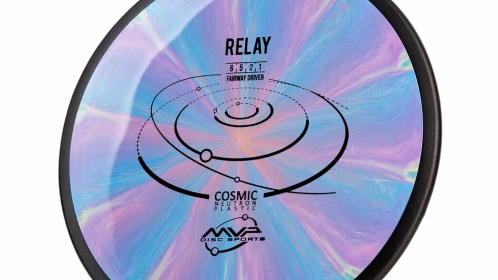 A Pink/Blue Marbled MVP Cosmic Neutron Relay Disc with Black Rims and Black Stamp