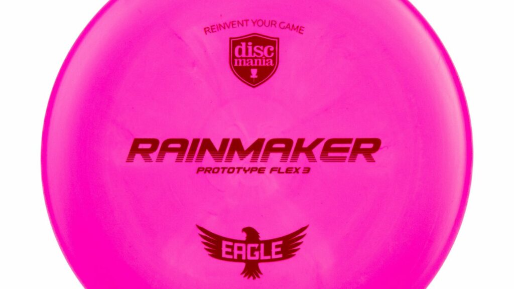 A Pink Discmania Rainmaker Prototype Flex3 with Red Stamp