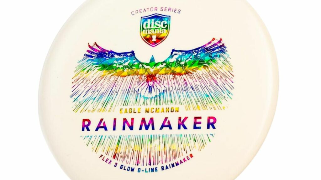White Discmania Eagle McMahon Flex3 Glow D-Line Rainmaker with Rainbow Shatter stamp