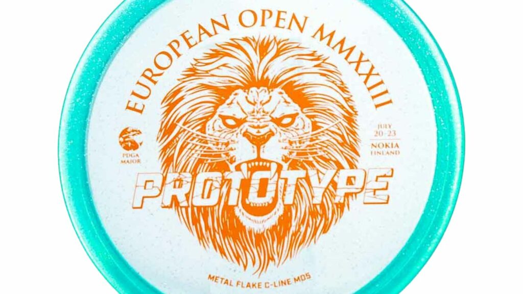 A light blue clear Discmania Prototype Metalflake C Line MD 5 with Orange Stamp